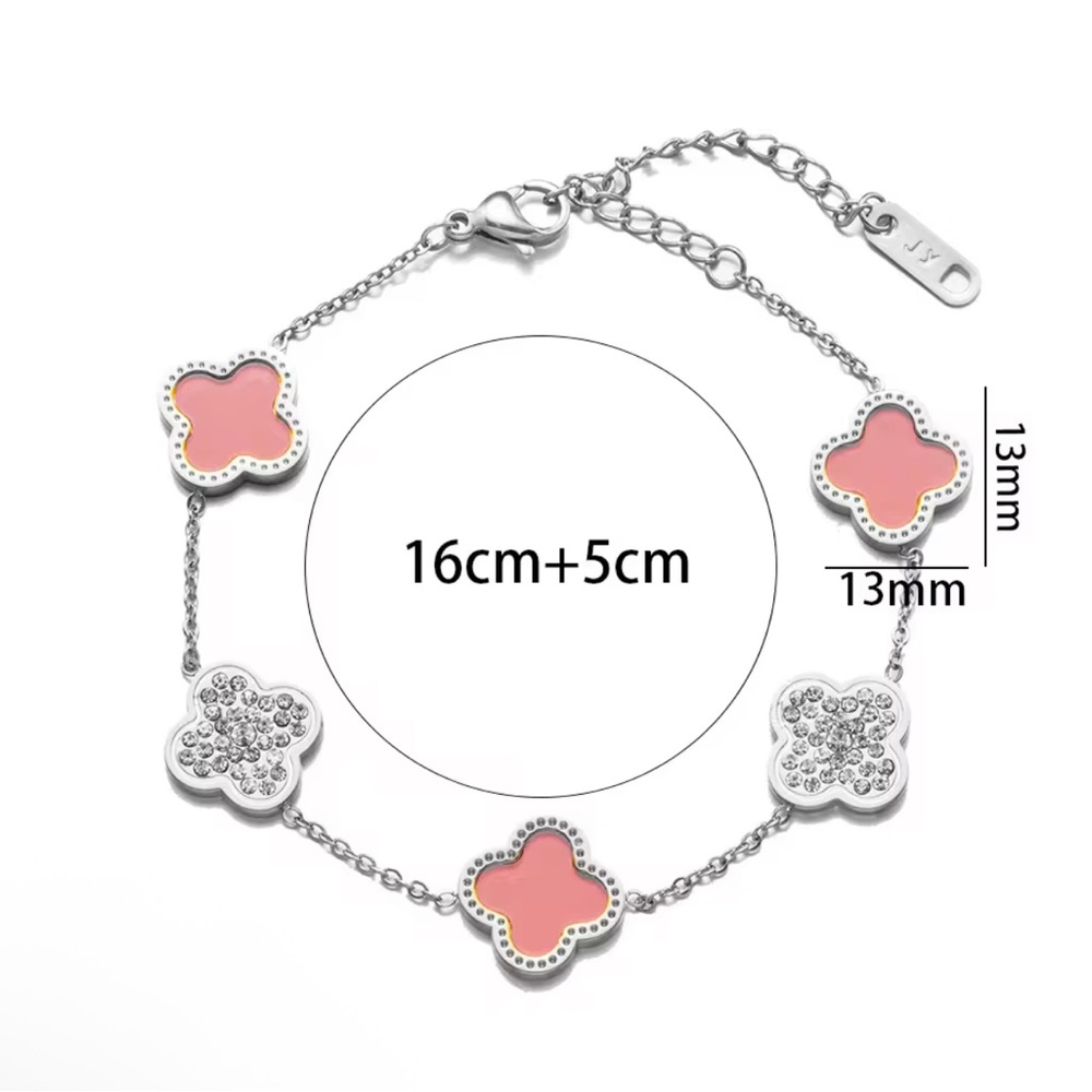 Pink Clover Stainless Steel White Gold Plated Bracelet 7” + Extender